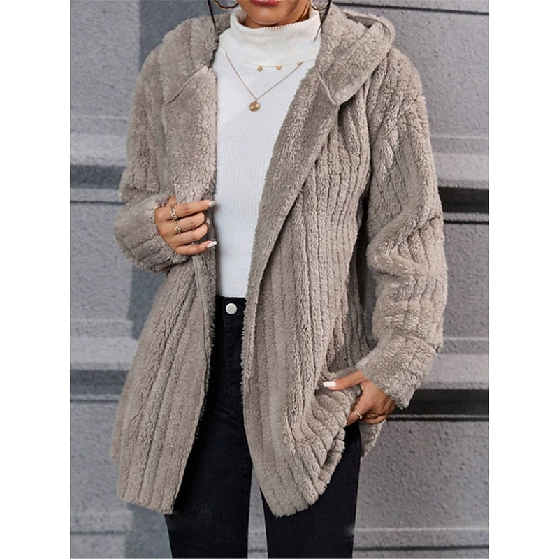 Women's Fleece Jacket Teddy Coat Hoodie Jacket Warm Breathable Fleece Lined Casual Plain Vacation Street Daily Wear Going out Open Front Regular Hoodie Regular Fit Long Sleeve Outerwear Blue Khaki3