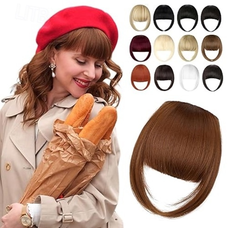 Clip in Bangs, Synthetic French Bangs Hair Clip, Fake Bangs Fringe with Temples Hairpieces for Women Natural Curved Bangs Clip in Hair Extensions for Daily Wear2