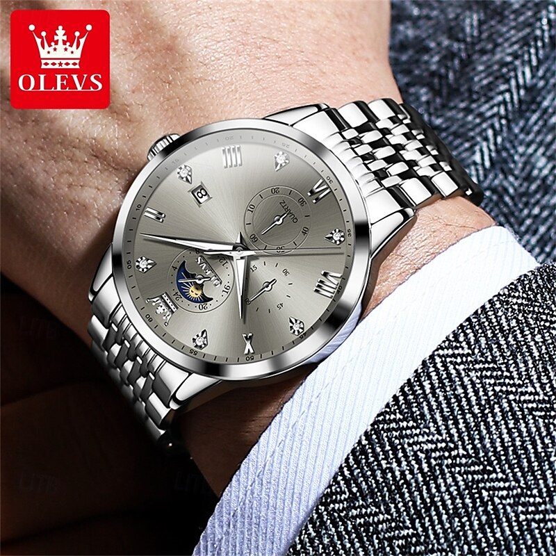 OLEVS Men Quartz Watch Fashion Casual Wristwatch Moon phase Luminous Calendar Waterproof Steel Watch3