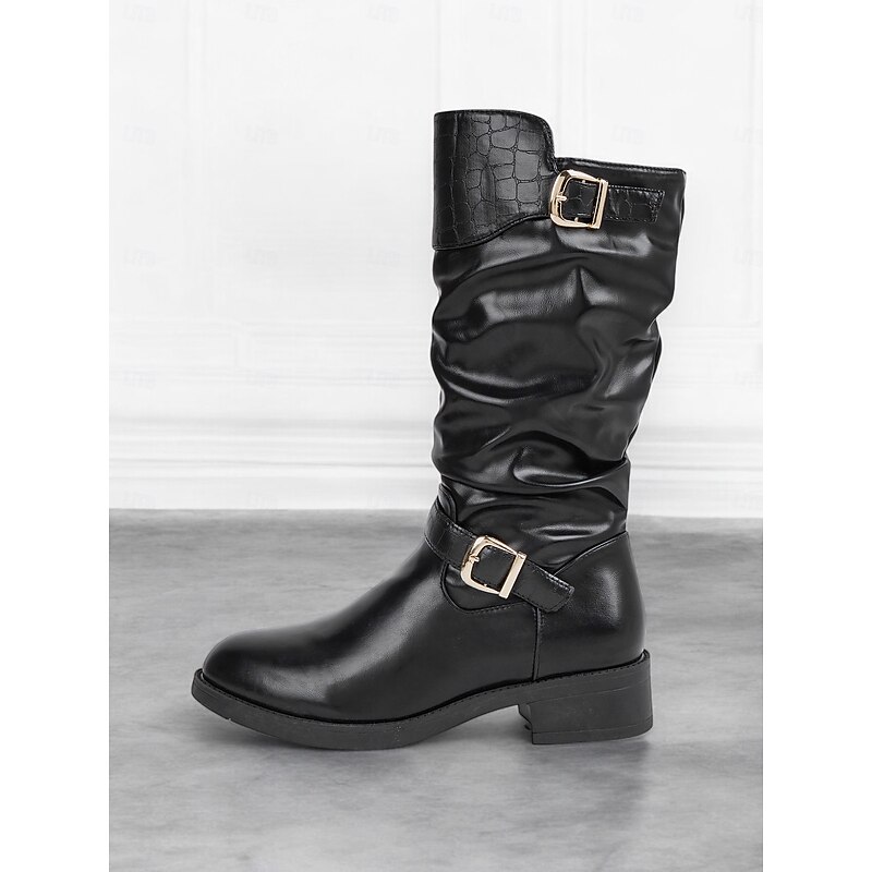 Women's Black Mid-Calf Slouchy Boots with Croc-Embossed Detail and Gold Buckle Accents – Casual and Stylish Design2