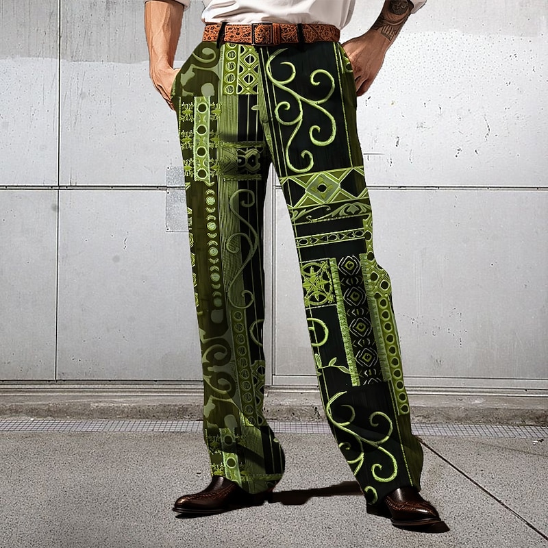 Men's Floral Ethnic Dress Pants Mid Waist Business Casual Formal Wedding Dailywear Zipper Pocket Straight Leg Trousers Summer Spring Fall 3D Print Yellow Blue Purple3