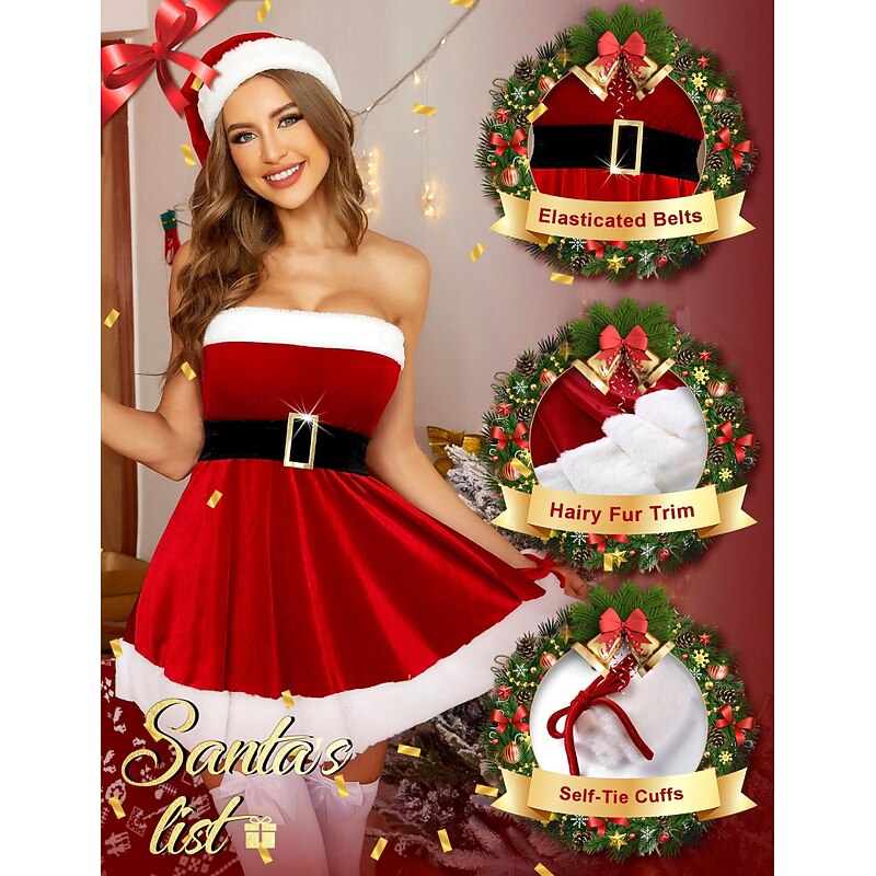 Santa Claus Mrs.Claus Fancy Christmas Dress Sexy Christmas Costumes Women's Cosplay Costume Christmas Pattern Adults Christmas Christmas Eve Christmas Party Dress Belt2