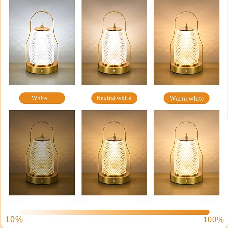 Portable Cordless Table Lantern Lamp, USB Rechargeable Beside Lamp, 3-Color Dimming Beside Table Lamps Waterproof Outdoor LED for Garden, Patio, Camping, Bar (Gold)4