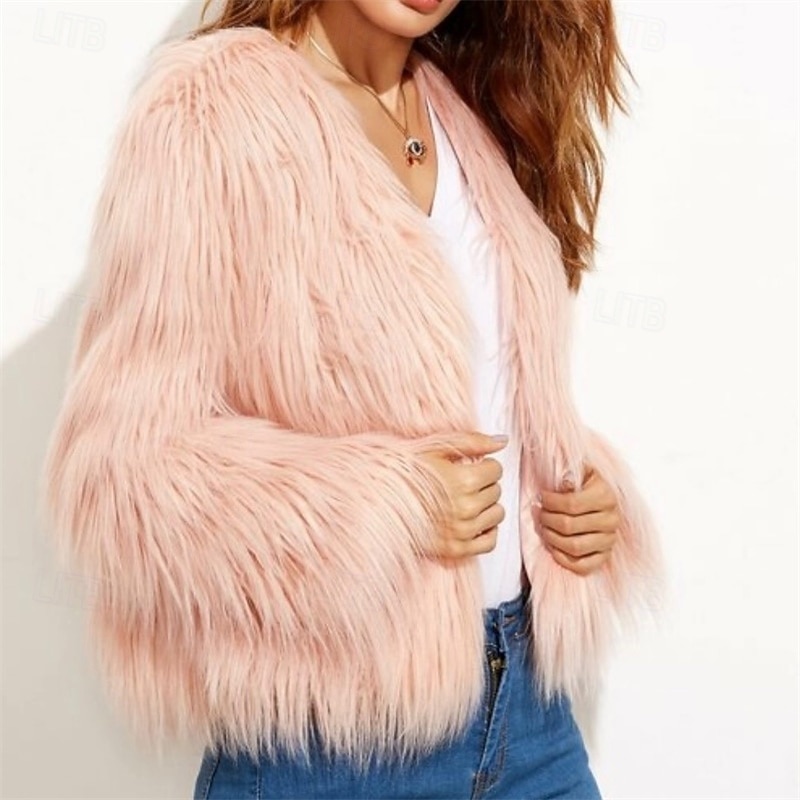 Women's Faux Fur Coat Warm Breathable Patchwork Elegant Cute Solid Color Party Street Pullover Crewneck Regular Fit Long Sleeve Outerwear Pink Red Khaki Fall Winter