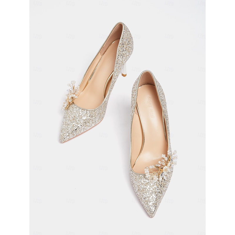 Women's Silver Glitter Stiletto Heels with Floral Embellishments – Elegant Pointed Toe Wedding and Prom Shoes2