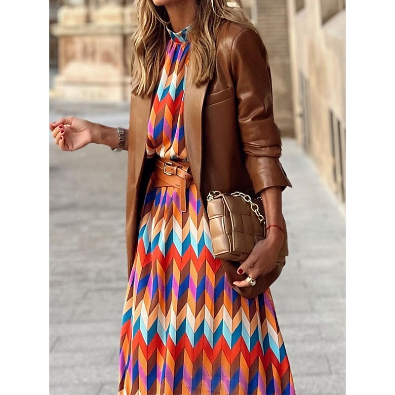 Women's Geometric Stand Collar Maxi Dress Long Sleeve Summer Spring4