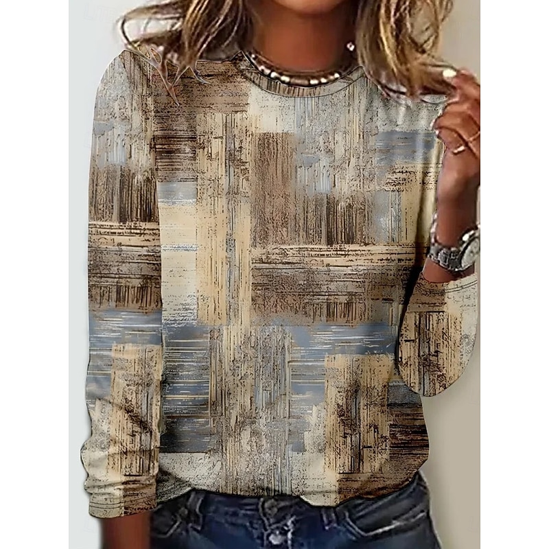 Women's T shirt Long Sleeve Crew Neck Long Sleeve Tunic Graphic Modern Casual Regular Tops Daily Weekend Print Khaki Fall Winter Prefall