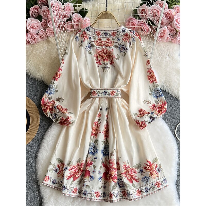 Women's Midi Dress Casual Dress Swing Dress A Line Dress Boho Dress Vintage Casual Daily Regular Fit Floral Long Sleeve V Neck Dark Blue Beige Spring Fall4