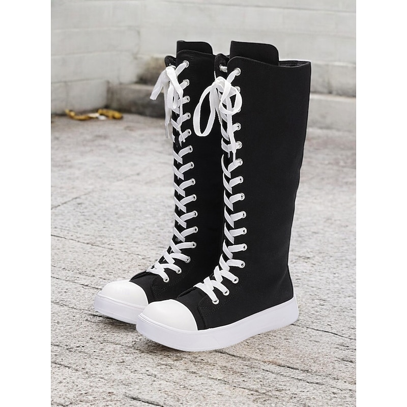 Women's Black Canvas Knee-High Lace-Up Boots with White Sole – Retro-Style Casual Footwear for Everyday Wear and Street Fashion