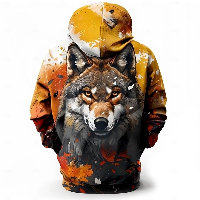 Men's Wolf Hoodies Sweatshirt Fashion Cool Long Sleeve Crew Neck Party Holiday Streetwear Brown Drawstring Fall Winter Designer3