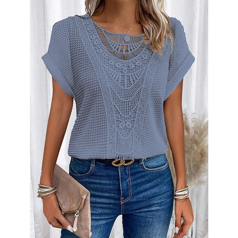 Women's T Shirt Solid Color Elegant Stylish Short Sleeve Crew Neck Daily Beach Hollow Out Pink Blue Beige Summer3