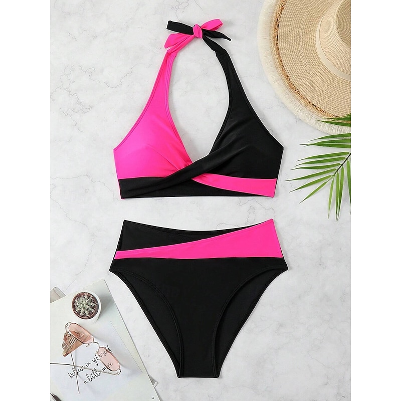 Women's Swimsuits Bikini 2 Piece Cheeky Swimsuit Backless Vacation Beach Wear Solid Color Halter Neck Sleeveless Bathing Suits3