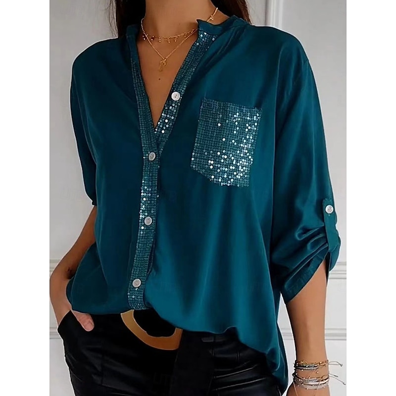 Women's Shirt Elegant Dressy Satin Solid Color Basic Casual Long Sleeve V Neck Regular Tops Daily Sequins Patchwork Pocket Black Pink Green Fall