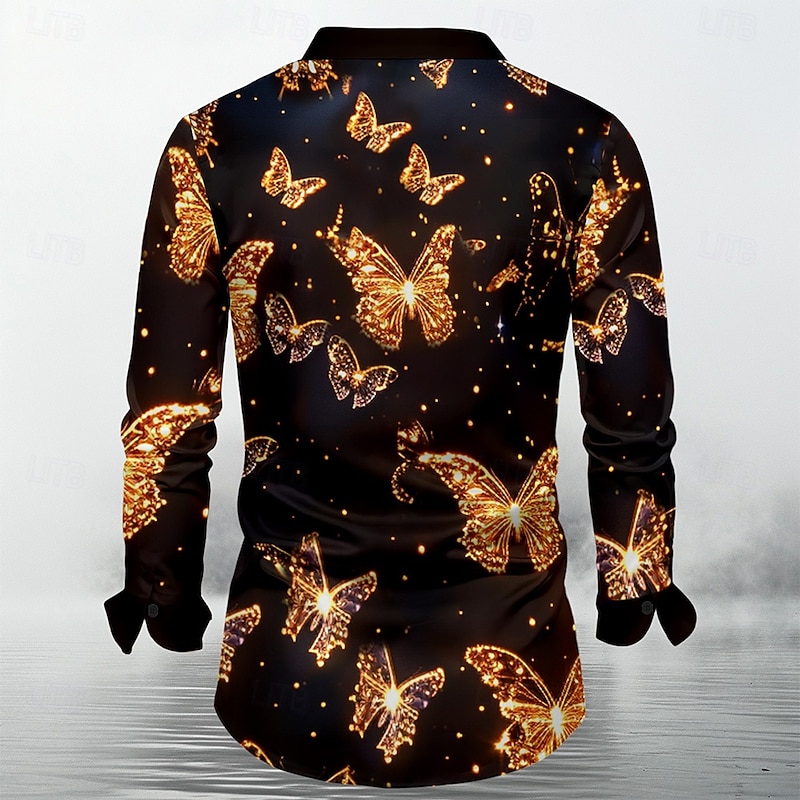 Men's Butterfly Satin Shirt Dress Shirt Button Up Shirt Long Sleeve Fashion Casual Vacation Party Evening Wear Dailywear Summer Spring Fall Collared Shirts 3D Print Black2