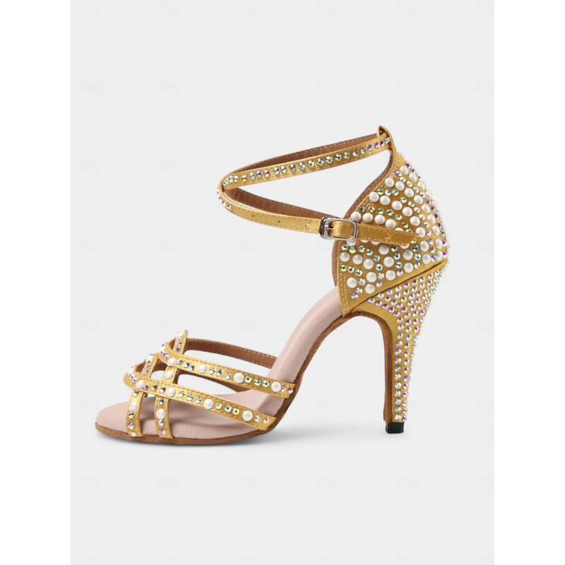 Women's Gold Rhinestone-Embellished Latin Dance Shoes - Open-Toe Heels with Strappy Design for Ballroom, Salsa, and Special Occasions2