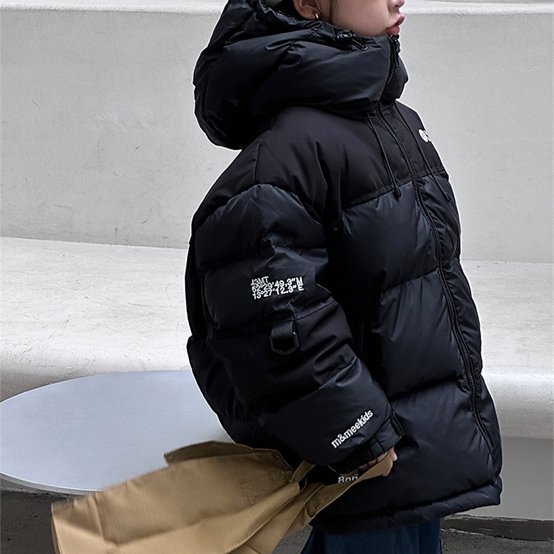 Kids Boys' Down Coat Hoodie Jacket Puffer Jacket Outerwear Color Block Long Sleeve Pocket Coat Outdoor Daily Basic Black Green Fall Winter 4 years+4