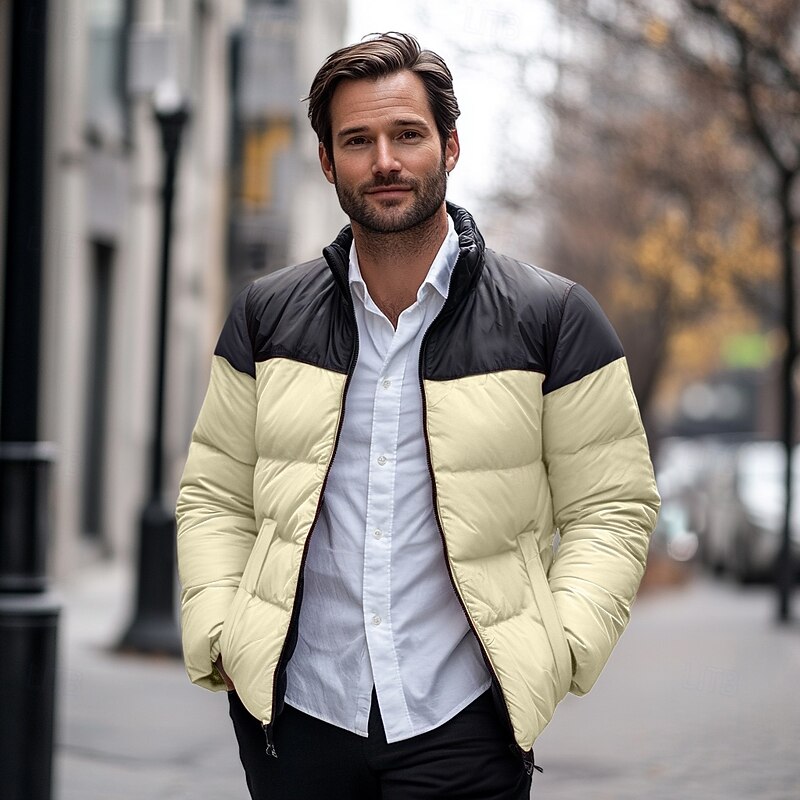 Men's Puffer Jacket Padded Pocket Color Block Party Christmas Outdoor Regular Neutral Fashion Daily Winter Solid Color Black White Purple Green Puffer Jacket4
