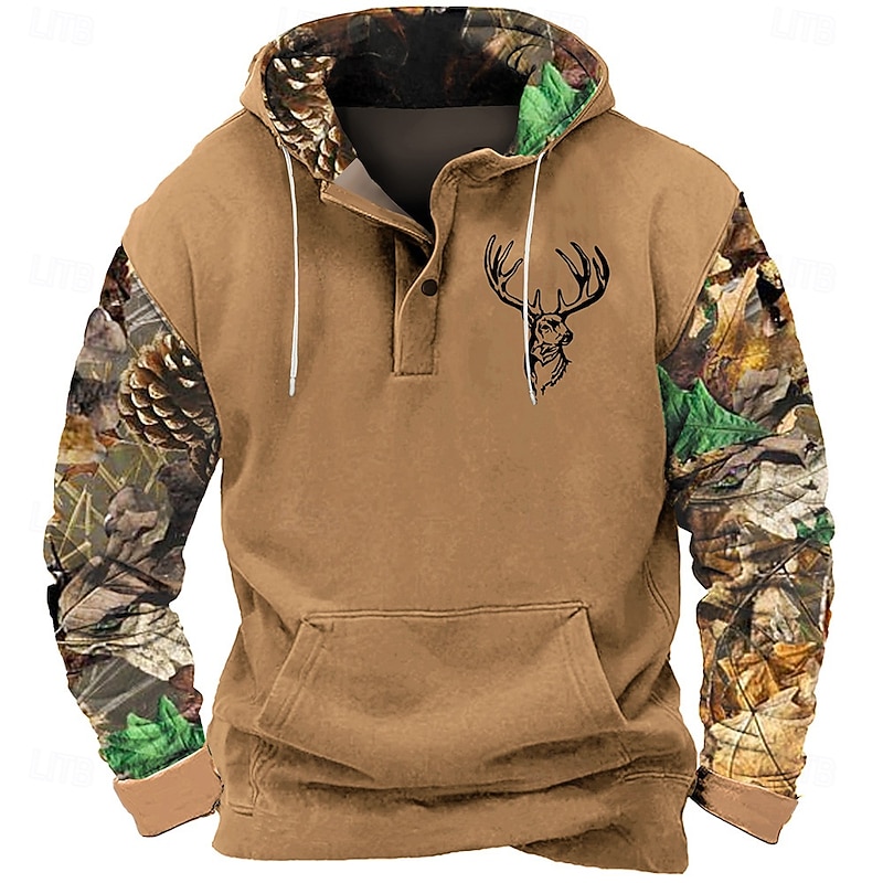 Men's Camo / Camouflage Deer Hoodie Sweatshirt Cowboy Casual Long Sleeve Hooded Sports Outdoor Streetwear Black Brown Pocket 3D Print Fall Winter Designer