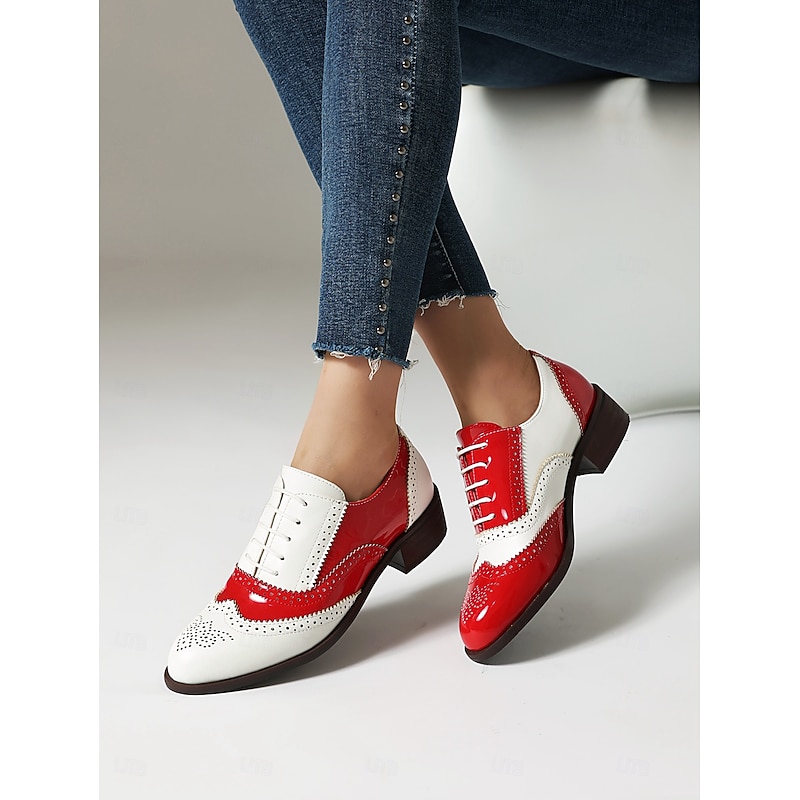 Women's Tri-Color Brogue Oxford Shoes with Wingtip Design and Low Heel - Vintage Formal Footwear for Office and Special Occasions 10
