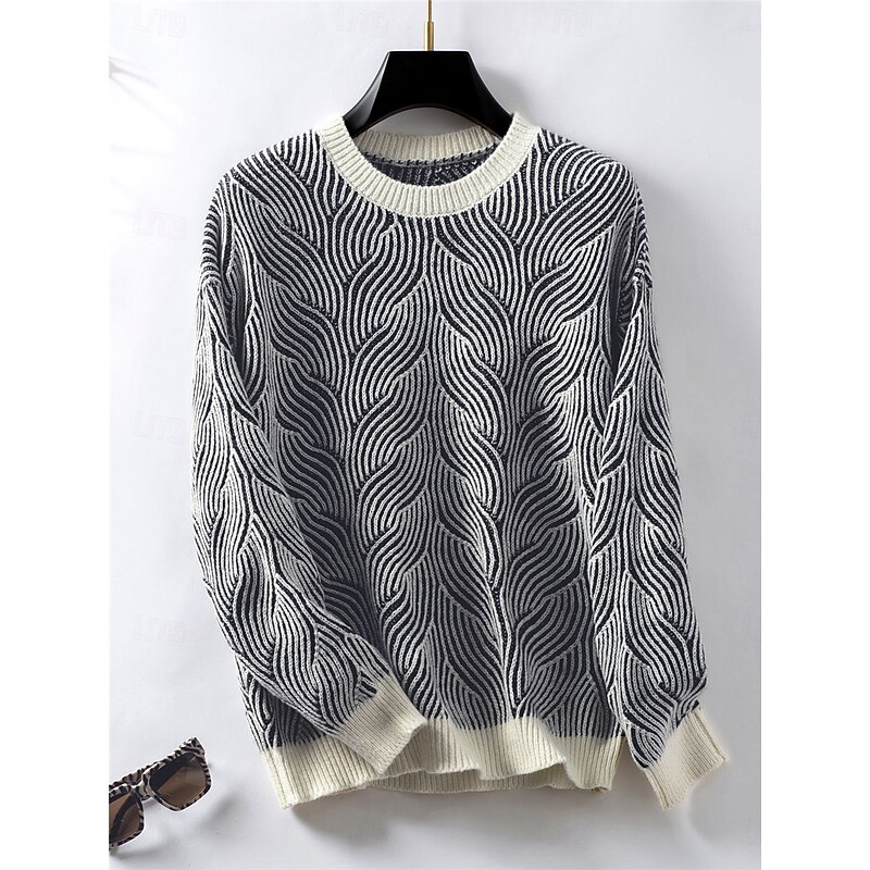 Women's Sweater Casual Soft Geometric Ribbed Crew Neck Knitted Long Sleeve Regular Tops Knit Outdoor Daily Weekend Black Fall Winter 9