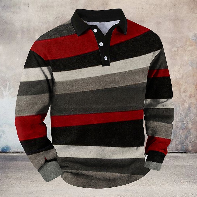 Men's Striped Rugby Polo Shirts Long Sleeve Polo Shirts Collared Shirts Casual Dailywear Sports Outdoor Sportswear Buttons 3D Print Spring Fall Winter Red Blue Army Green