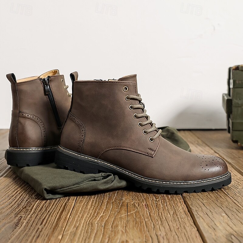 Men's Brown Faux Leather Lace-Up Ankle Boots with Brogue Detail and Rugged Sole – Classic and Durable Outdoor Style3