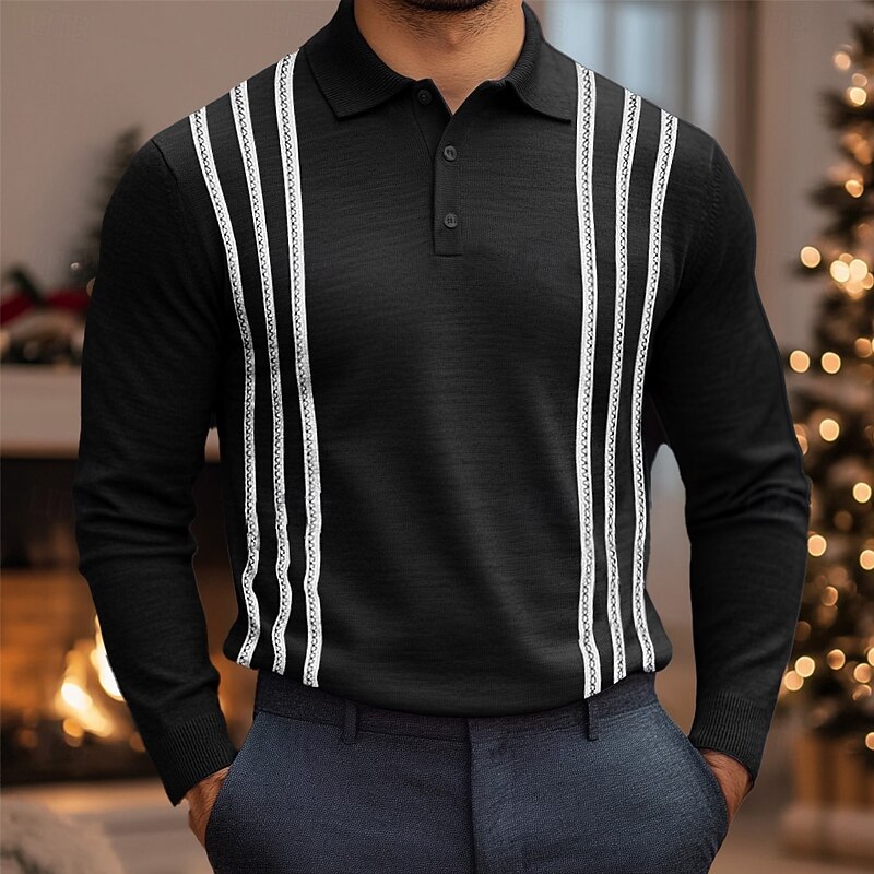 Men's Polo Street Business Ribbed Polo Collar Short Sleeve Vintage Fashion Solid Color Stripes Buttons Fall Black Green Polo4