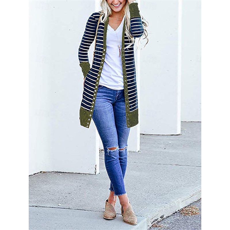 Women's Casual Jacket Outdoor Street Daily Wear Fall Winter Long Coat Regular Fit Thermal Warm Breathable Stylish Casual Jacket Long Sleeve Striped Print Dark Grey Army Green Blue3