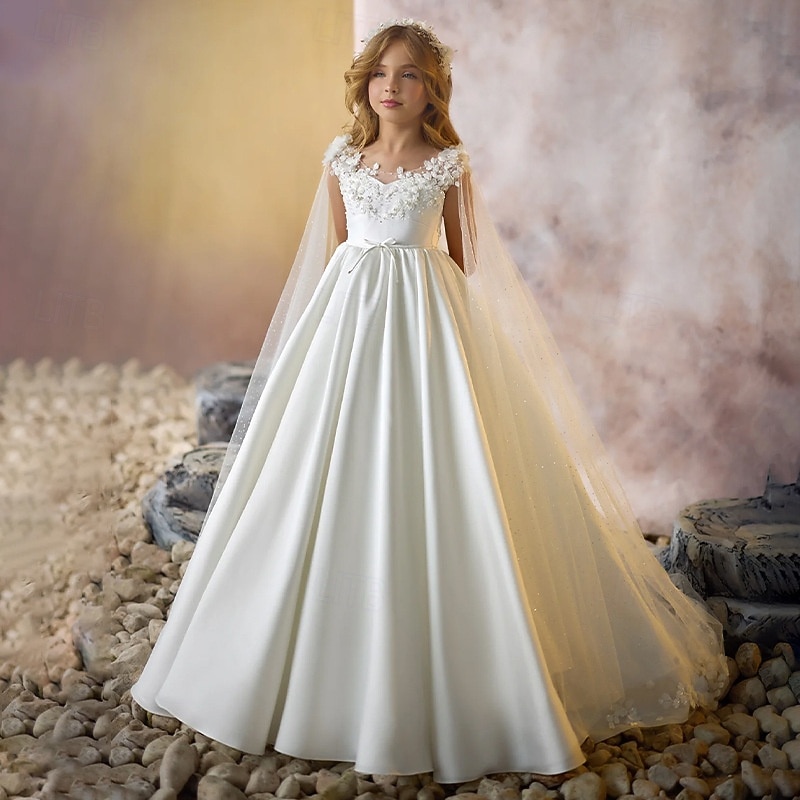 Flower Girl Dress Girls' Formal Dress First Communion Dress Party Dress Performance Wedding Party Princess Sweet Mesh Solid Color Sleeveless V Neck Wh