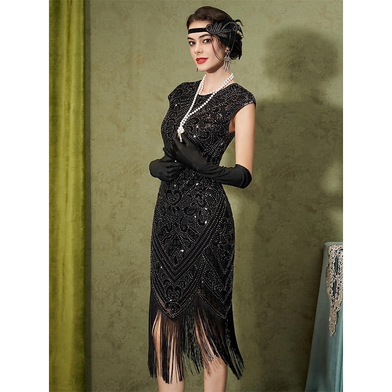 1920s Cocktail Dress Vintage Dress Midi Flapper Dress Outfits Cocktail Dress The Great Gatsby Flapper Girl Wedding Guest Sequins Feather Fringe Fancy Dress Women's Carnival Costume 7 PCS Christmas4