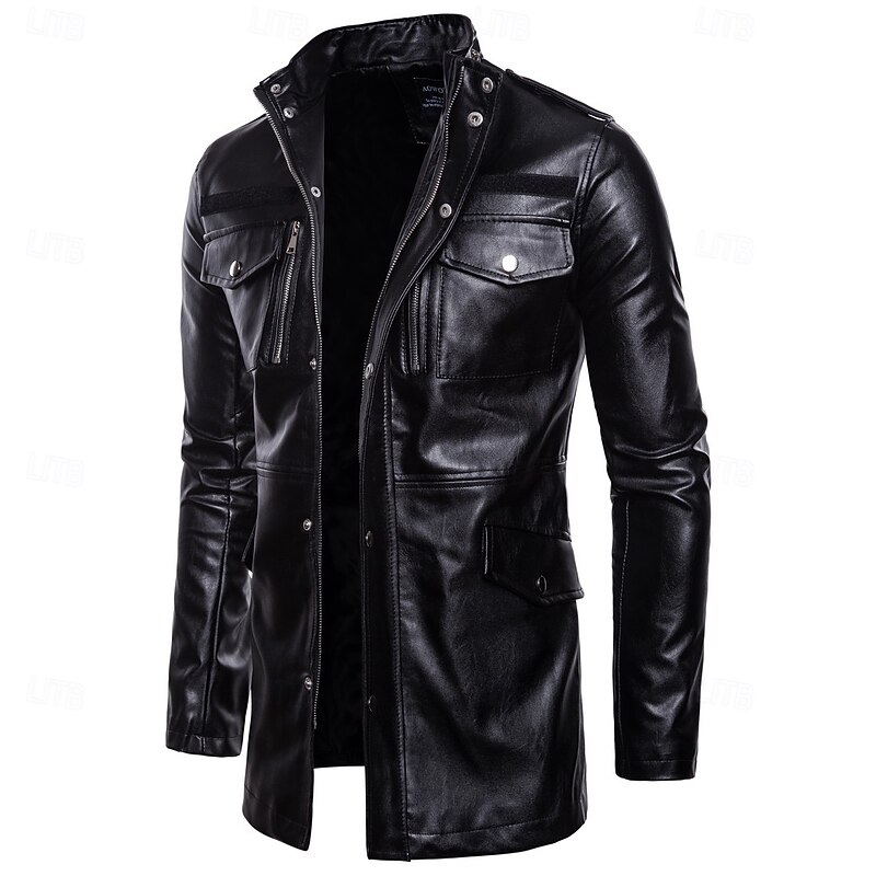 Men's Faux Leather Jacket Biker Jacket Motorcycle Jacket Home Office Windbreaker Pocket Winter Spring &  Fall Solid Color Vintage Classic Style Regular Black Jacket4
