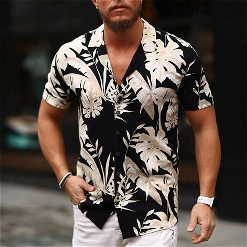 Men's Floral Palm Leaf Tropical Plants Shirt Summer Hawaiian Shirt Aloha Shirt Short Sleeve Shirt Turndown Fashion Designer Casual Vacation Casual Daily Black-White Black / Green Red Print S M L