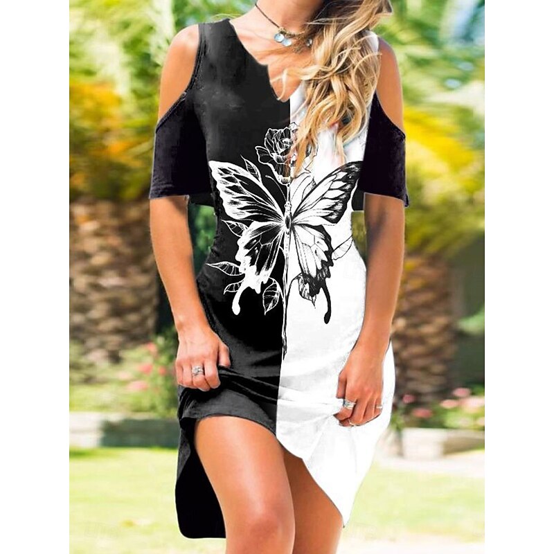 Women's T Shirt Dress Print Dress Butterfly Patchwork V Neck Cold Shoulder Midi Dress Vintage Streetwear Daily Going out Short Sleeve Regular Fit Black White Purple Summer S M L XL XXL3