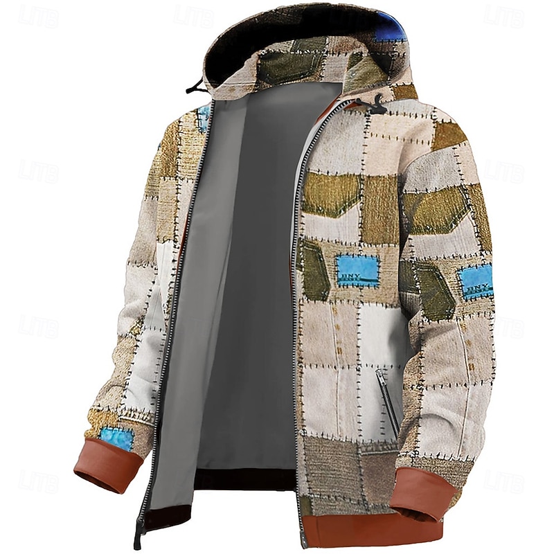 Men's Patchwork Hoodies Fashion Daily Long Sleeve Hooded Holiday Travel Streetwear Blue Brown Drawstring Zipper Pocket Fall Winter Designer4