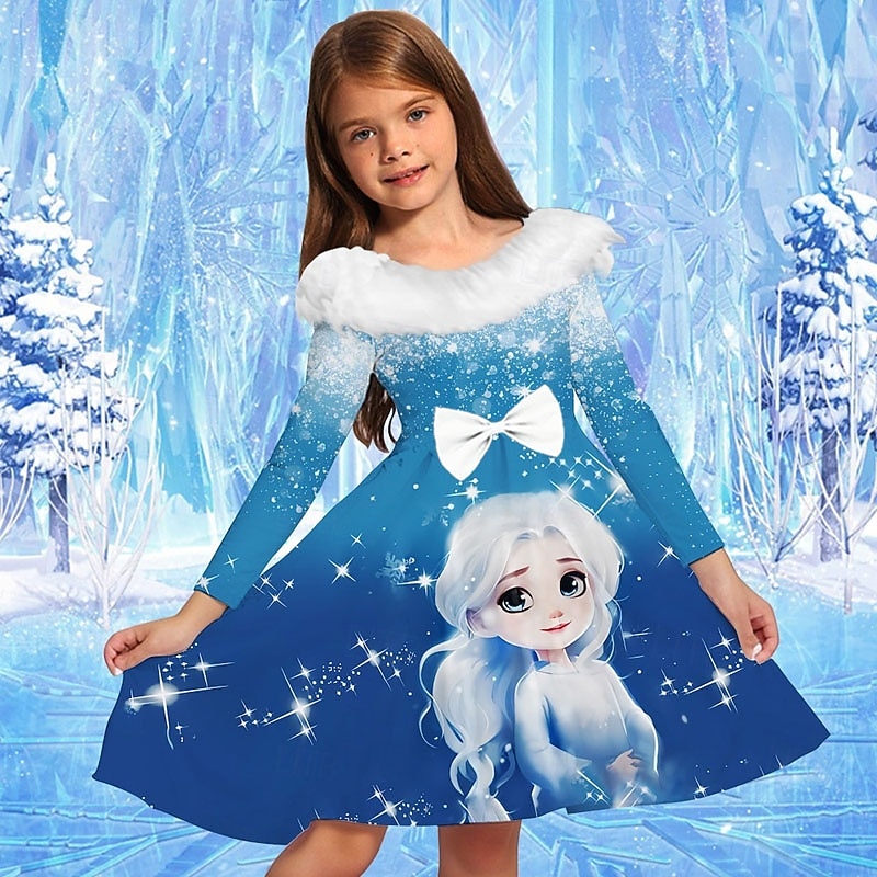 Girls' 3D Graphic Cartoon Snowflake Dress Ruffle Dress Long Sleeve Spring Fall Vacation Daily Holiday Beautiful Sweet Kids 4-12 Years Party Dress A Line Dress Knee-length Regular Fit