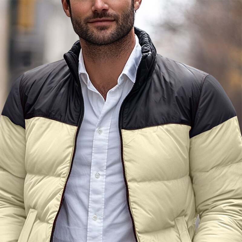 Men's Puffer Jacket Padded Pocket Color Block Party Christmas Outdoor Regular Neutral Fashion Daily Winter Solid Color Black White Purple Green Puffer Jacket2