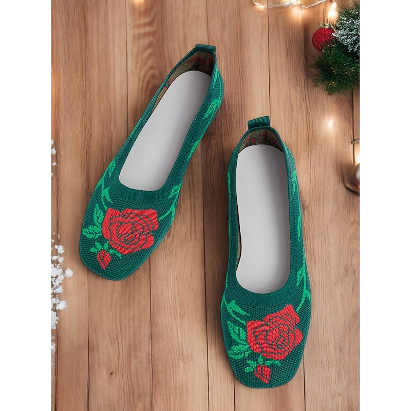 Women's Knit Ballet Flats with Red Rose Design | Comfortable and Stylish Holiday Shoes for Casual Wear