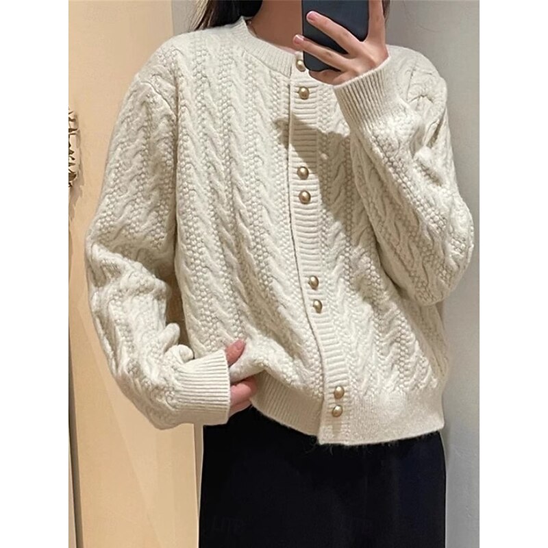Women's Sweater Cardigan Casual Soft Pure Color Cable Crew Neck Buttons Knitted Long Sleeve Regular Tops Knit Outdoor Daily Weekend White Pink Fall Winter