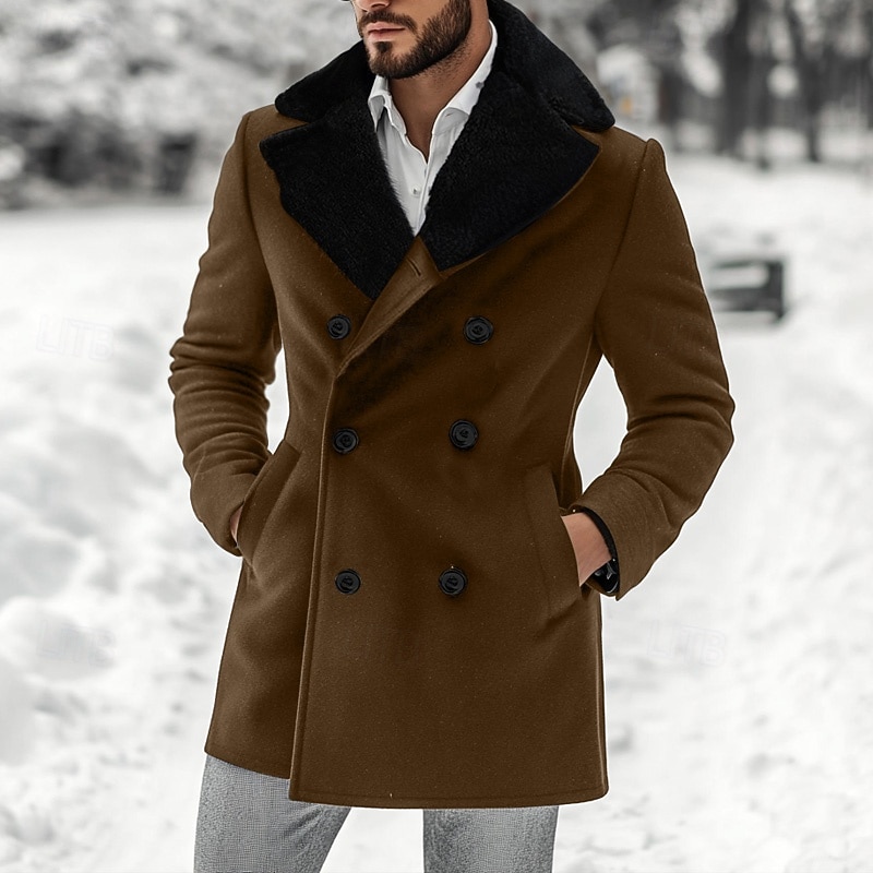 Men's Winter Jacket Wool Coat Coat Christmas Outdoor Fur Trim Buttons Winter Solid Color Christmas Elegant Fold-over Collar Regular Black Brown Jacket