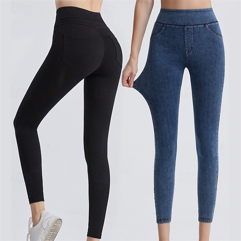 Women's Yoga Pants Jeggings Yoga Leggings Butt Lift Tummy Control High Waist Pilates Gym Workout Workout Tights Solid Color Dark Grey Black Blue Fall Winter Sports Activewear Stretchy Slim3