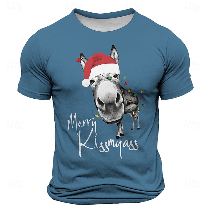 Christmas Men's Christmas animal 3D T-shirts Donkey Hat Retro Vintage Casual Street Style 3D Print Tee Sports Outdoor Holiday Light Grey Short Sleeve Crew Neck Spring & Summer Clothing4