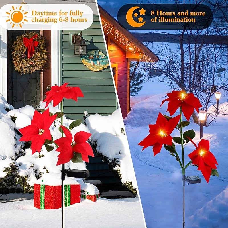 2pcs Christmas Solar Poinsettia Stakes Lights, Solar Red Flower Light Garden Outdoor Waterproof Landscape Lamp Waterproof Xmas Party Home Garden Park Pathway Decoration3