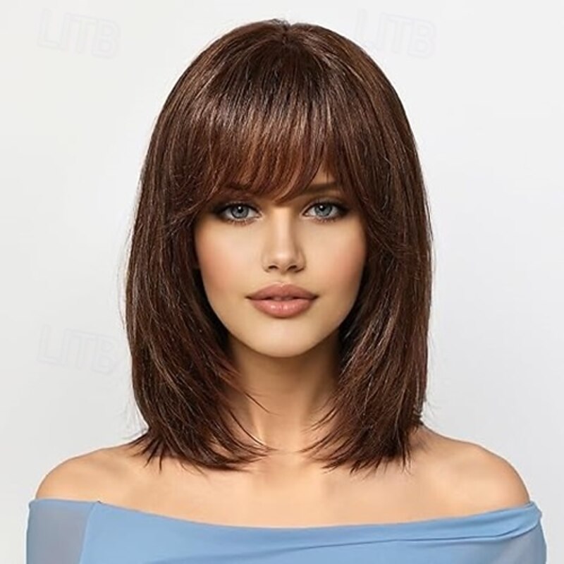 Women's Synthetic Wig Straight With Bangs Short Dark Brown Ombre Brown Ombre Blonde Hair Women's Blonde Brown Wigs for Everyday Use3