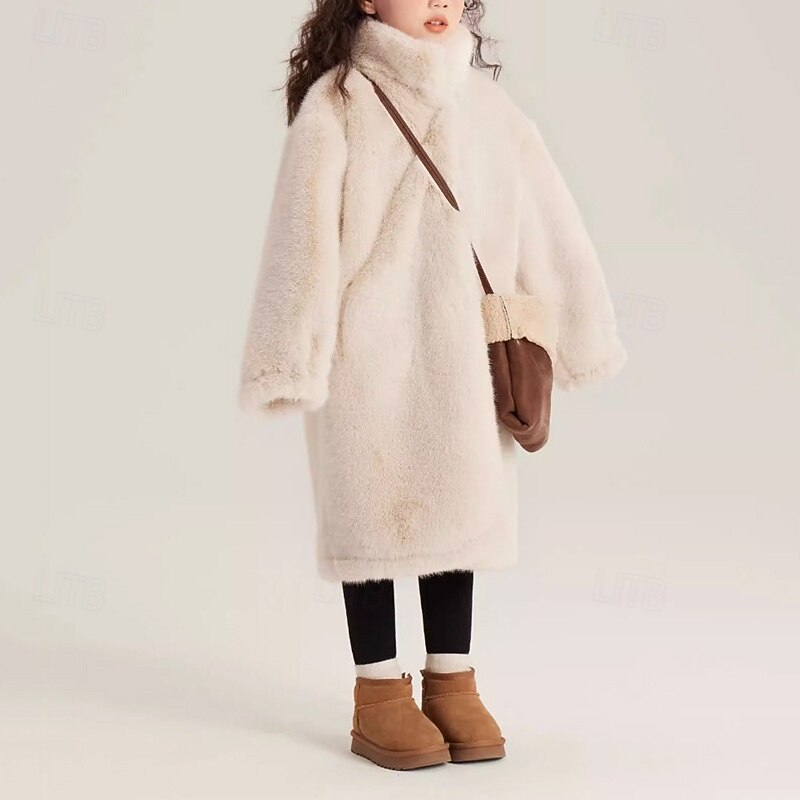 Kids Girls' Faux Fur Coat Solid Color Streetwear Pocket Buttons Formal Coat Outerwear 4 years+ Winter Beige3