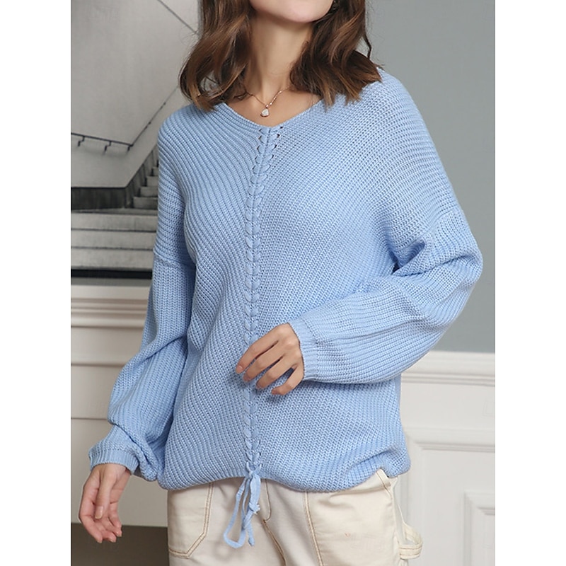 Women's Sweater Casual Soft Pure Color Cable V Neck Knitted Long Sleeve Regular Tops Knit Outdoor Daily Weekend Yellow Blue Fall Winter3