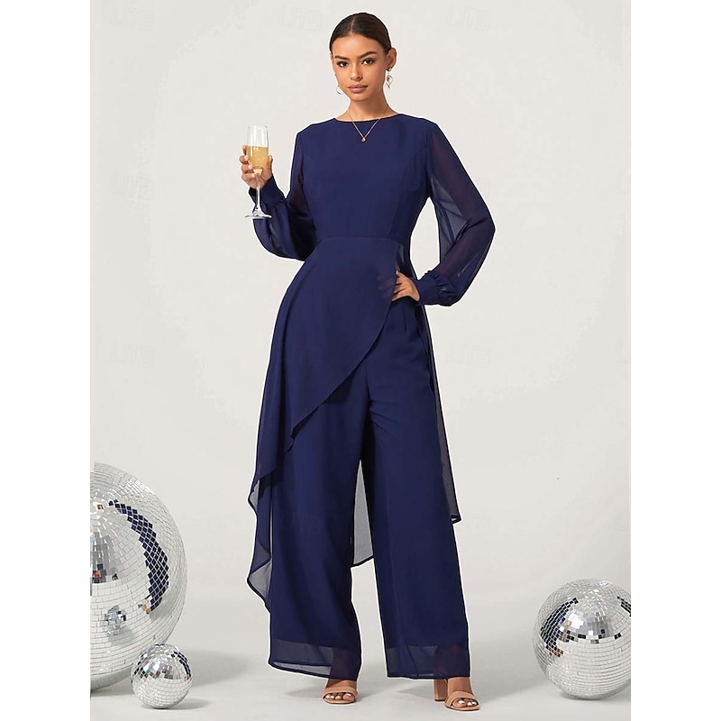 Women's Wedding Guest Jumpsuit Elegant Navy Blue Long Sheer Sleeve Wide Leg Chic Evening Party Wear Round Neckline Spring Summer Fall3