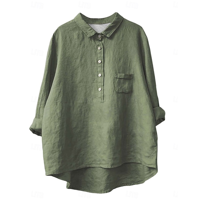 Women's Shirt Linen-Inspired Shirts Long Sleeve Shirt Collar White Blue Green Spring &  Fall