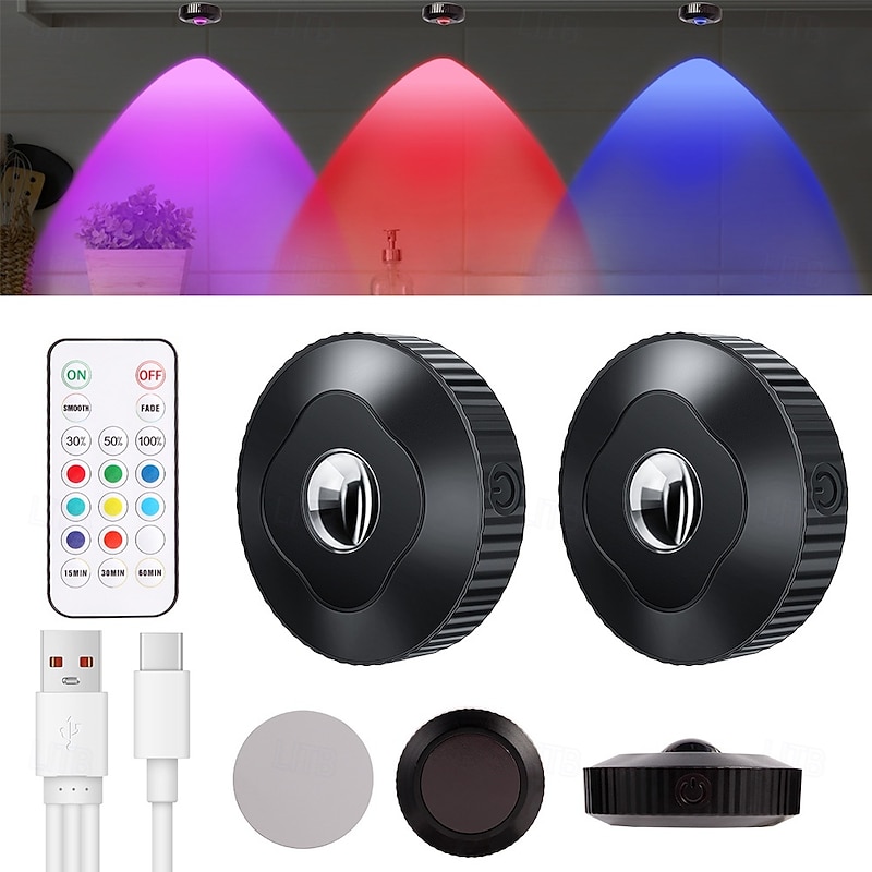 Rechargeable RGB Puck Lights with Remote Control 1200mAh Battery Operated Tap Lights Dimmable Touch Under Cabinet Lighting Wireless Push Lights LED USB Shelf Light2