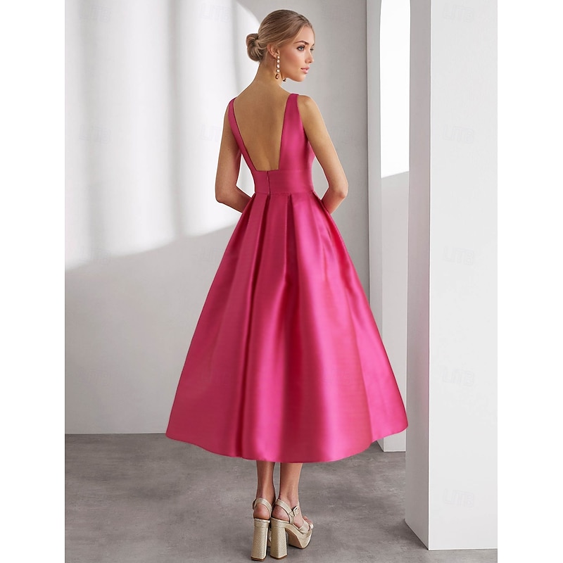 A-Line Cocktail Dresses Beach Wedding Elegant Dress Formal Wedding Tea Length Sleeveless Square Neck Satin with Glitter Slit Shouder Flower Dresses2