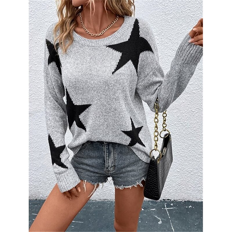 Women's Sweater Casual Soft Star Ribbed Crew Neck Knitted Long Sleeve Regular Tops Knit Outdoor Daily Weekend Gray Fall Winter4